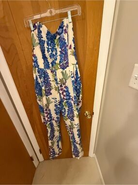 Molly Bracken Strapless Floral Jumpsuit in Cream, Blue and Purple